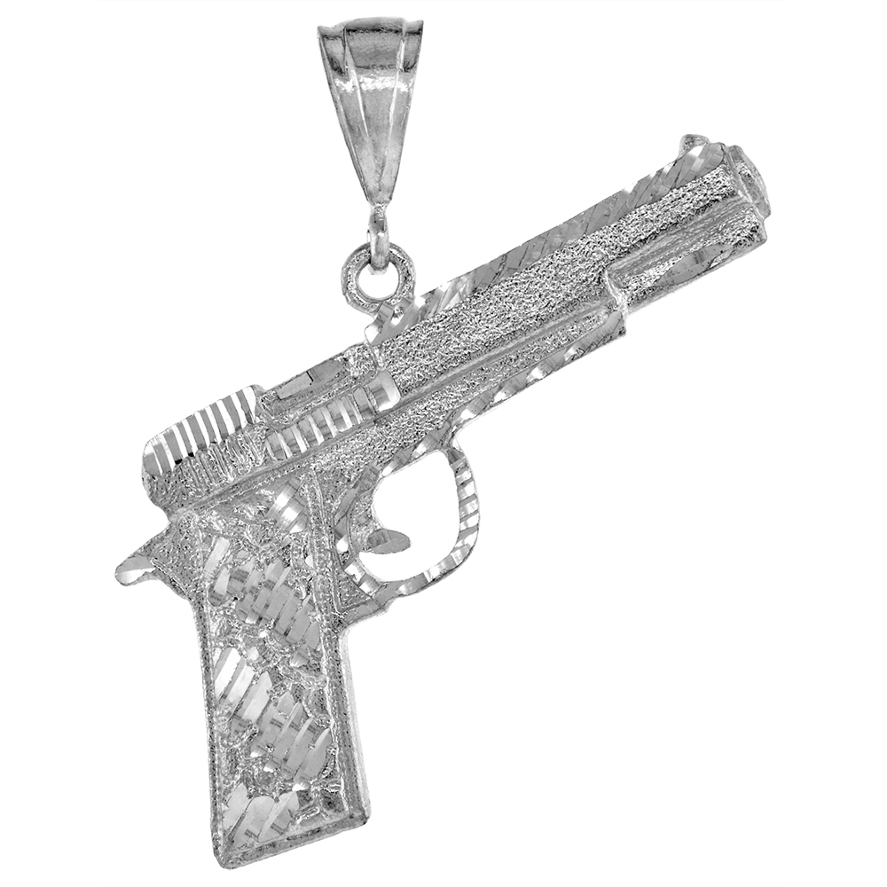 2 3/4 INCH LARGE STERLING SILVER COLT 45 PISTOL PENDANT FOR MEN DIAMOND CUT FINISH