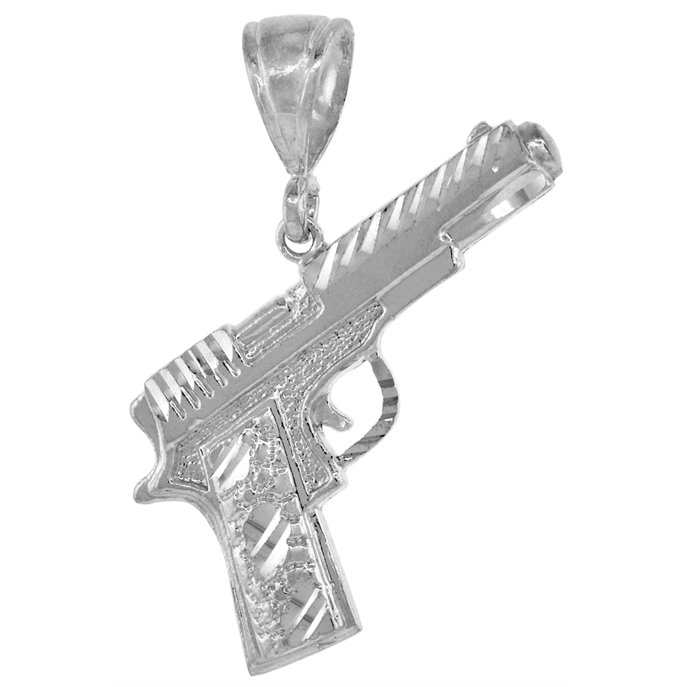 1 1/2 inch Large Sterling Silver Small Colt 45 Pistol Pendant for Men Diamond Cut finish