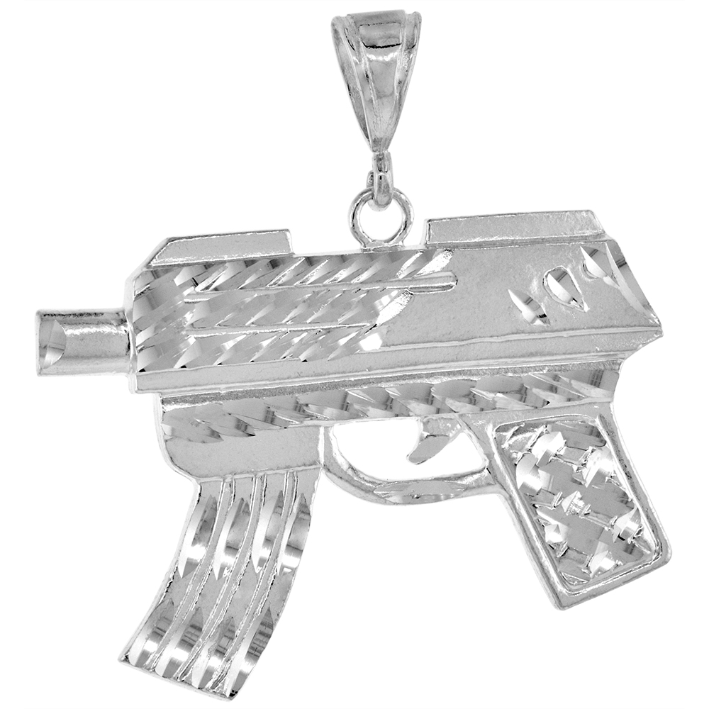 1 5/16 inch Large Sterling Silver Gun Uzi Pendant for Men Diamond Cut finish