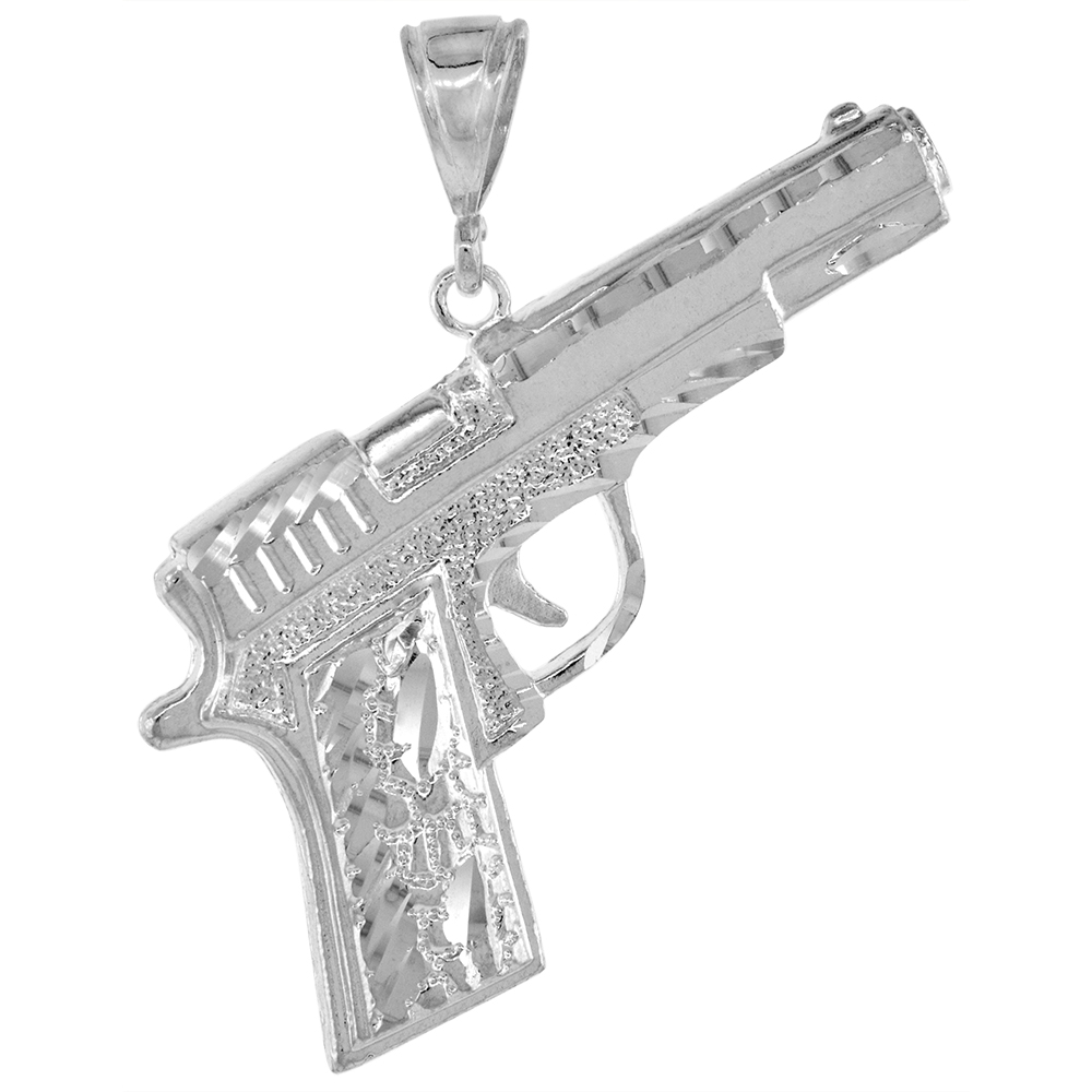 2 INCH LARGE STERLING SILVER COLT 45 PISTOL PENDANT FOR MEN DIAMOND CUT FINISH