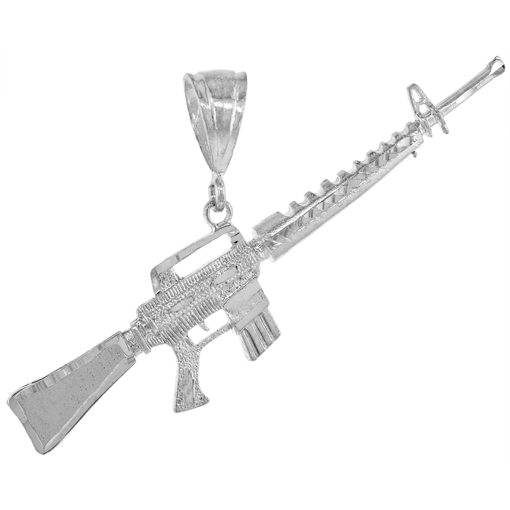 7/8 inch Large Sterling Silver M-16 Rifle Pendant for Men Diamond Cut finish