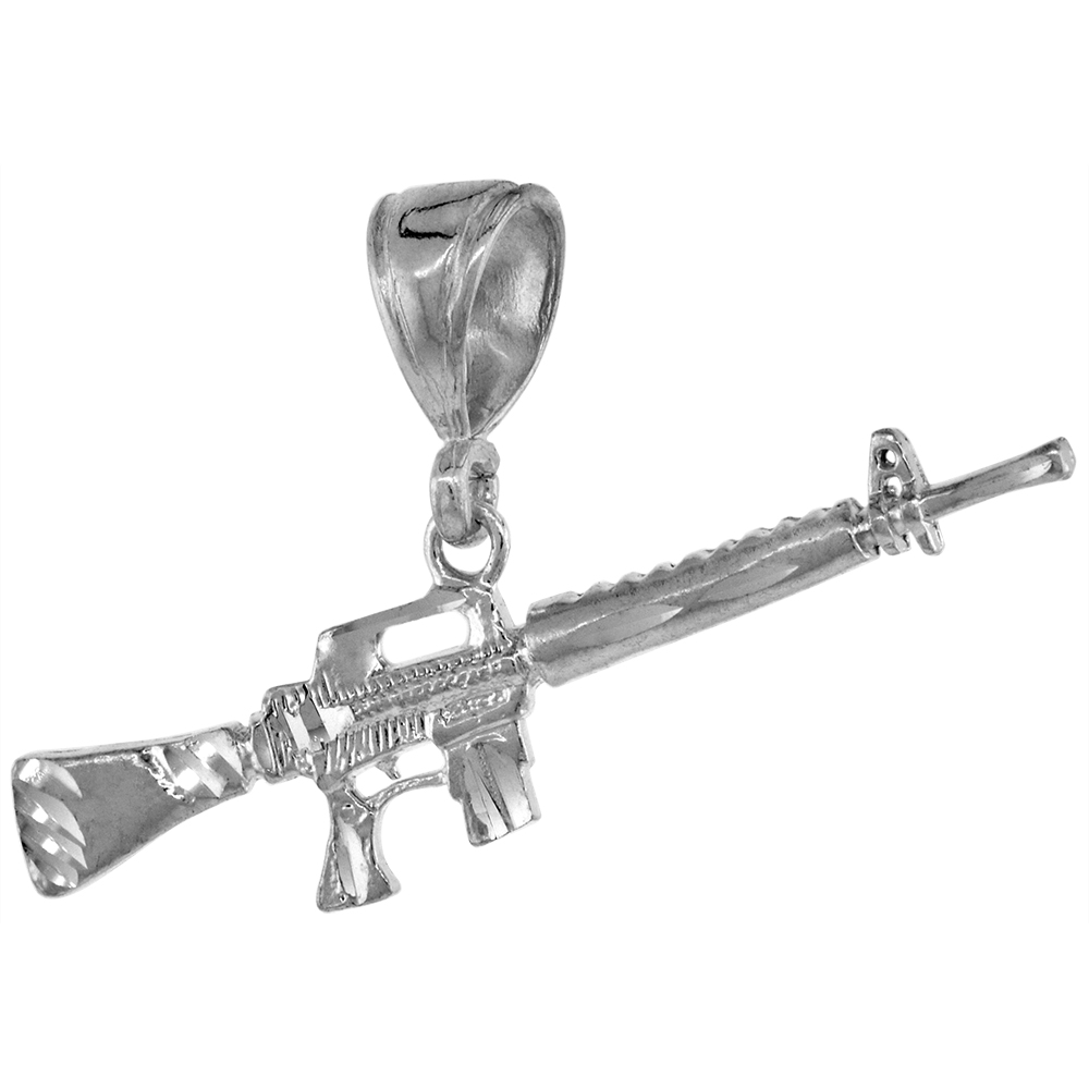 1/2 INCH LARGE STERLING SILVER SMALL M-16 RIFLE PENDANT FOR MEN DIAMOND CUT FINISH SMALL