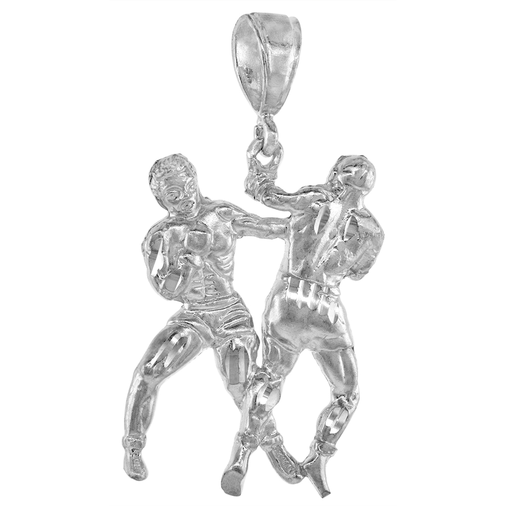 1 3/4 inch Large Sterling Silver Boxer Pendant for Men Diamond Cut finish