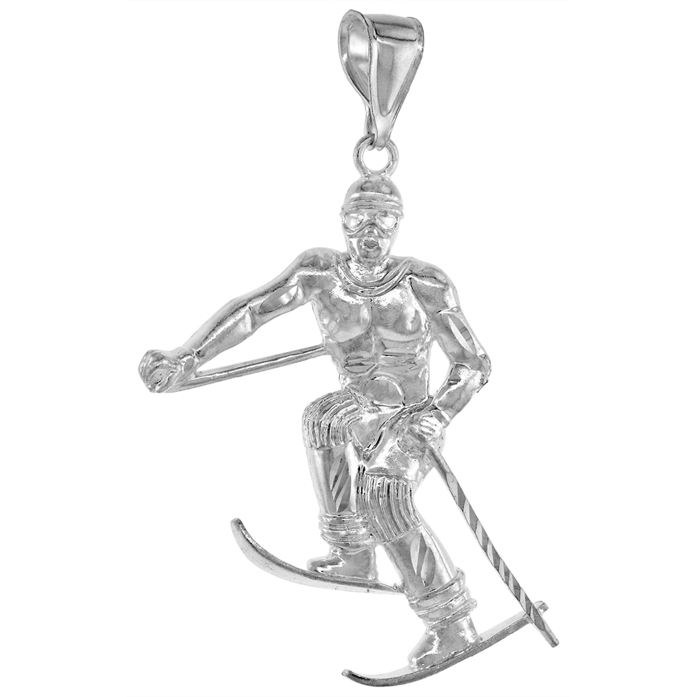 2 inch Large Sterling Silver Skier Pendant for Men Diamond Cut finish