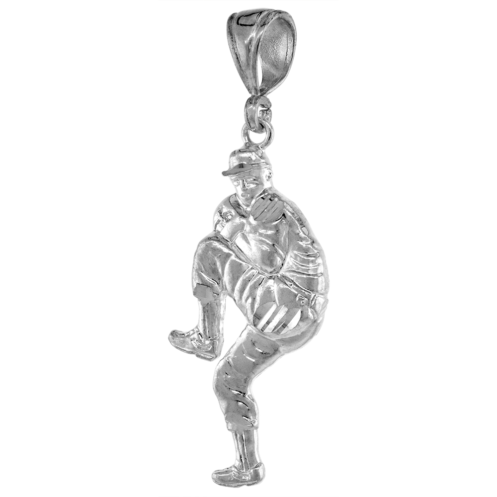 1 1/2 inch Large Sterling Silver Baseball Pitcher Pendant for Men Diamond Cut finish