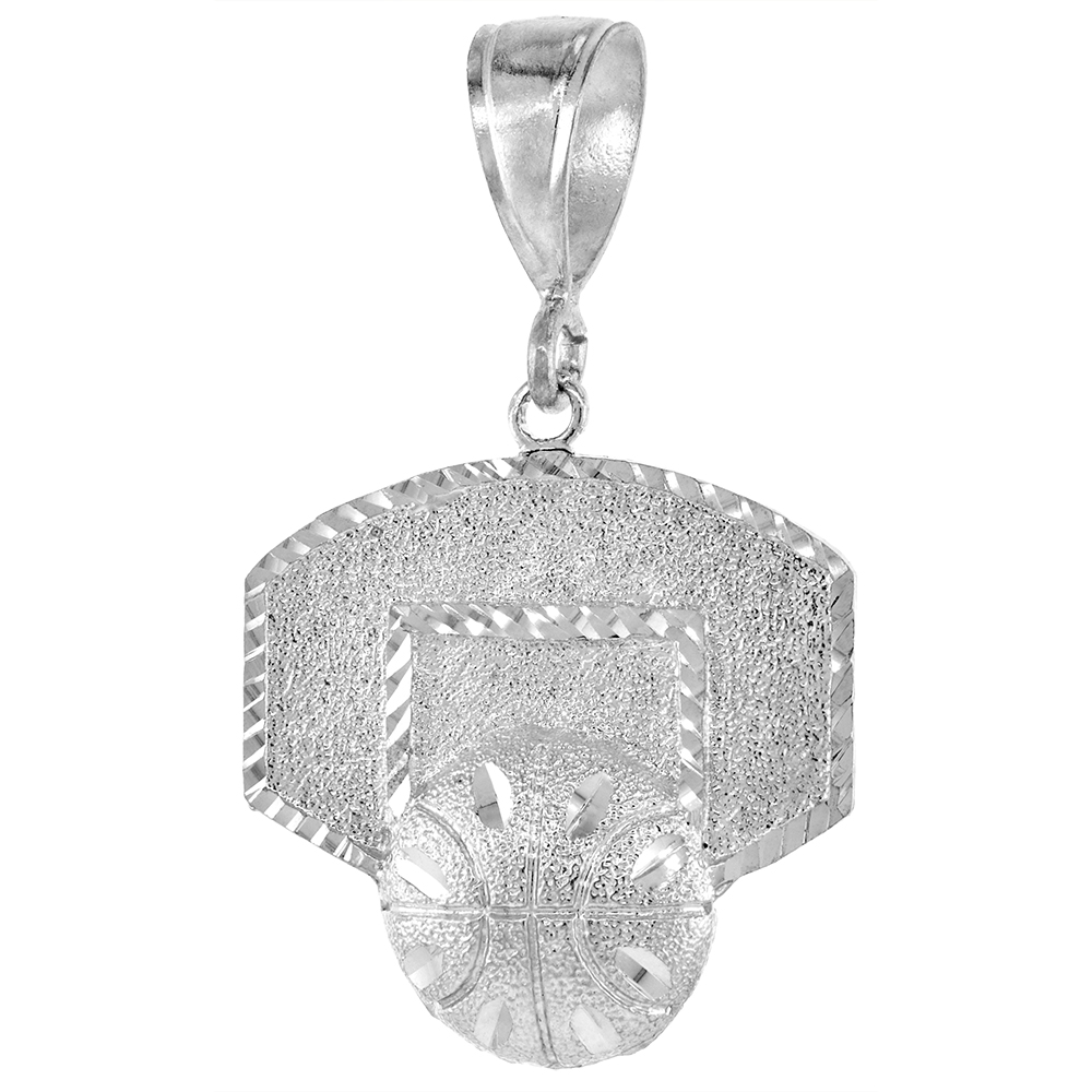 1 1/2 INCH LARGE STERLING SILVER BASKETBALL BACKBOARD PENDANT FOR MEN DIAMOND CUT FINISH