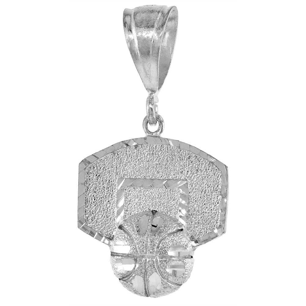 1 1/8 INCH LARGE STERLING SILVER SMALL BASKETBALL BACKBOARD PENDANT FOR MEN DIAMOND CUT FINISH