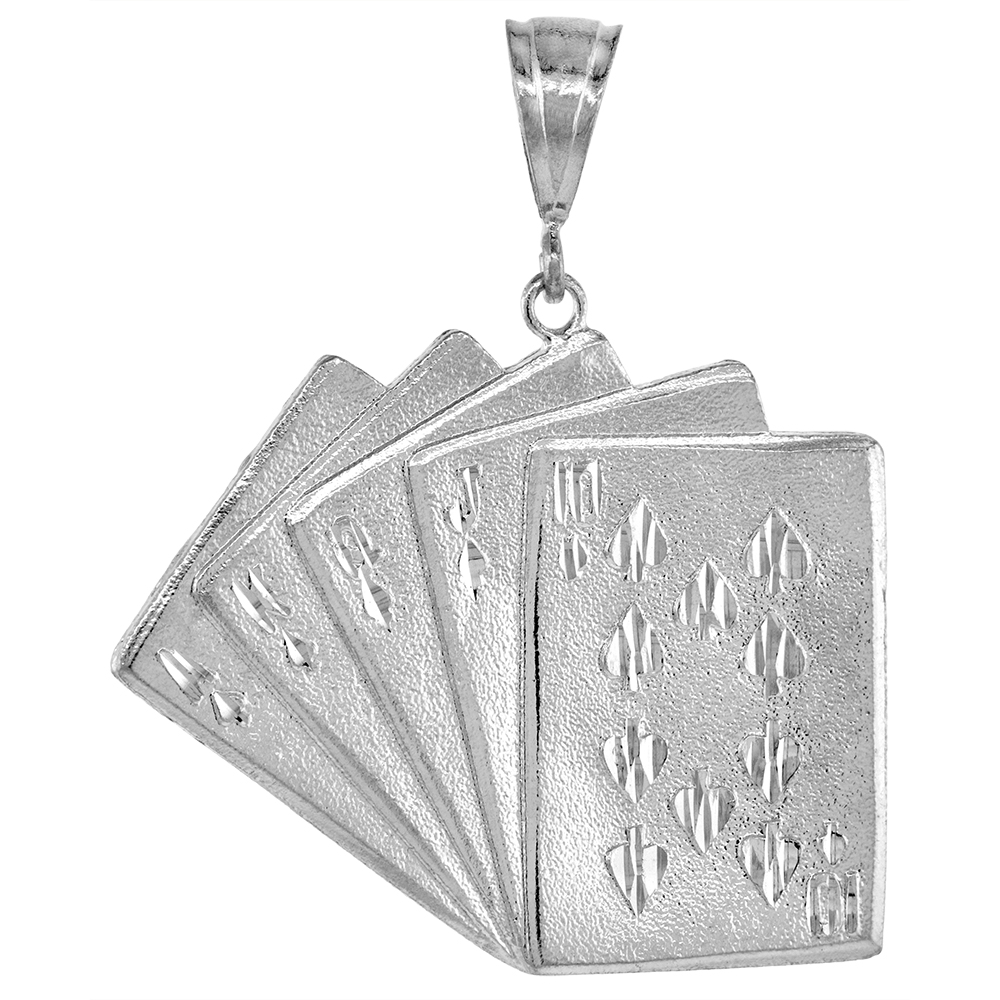 1 7/8 INCH LARGE STERLING SILVER ROYAL FLUSH PENDANT FOR MEN DIAMOND CUT FINISH