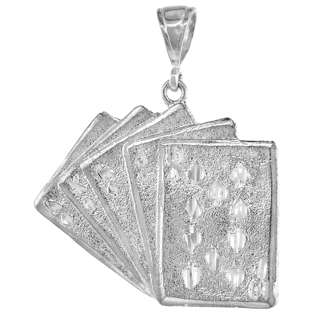 1 3/8 INCH LARGE STERLING SILVER ROYAL FLUSH PENDANT FOR MEN DIAMOND CUT FINISH
