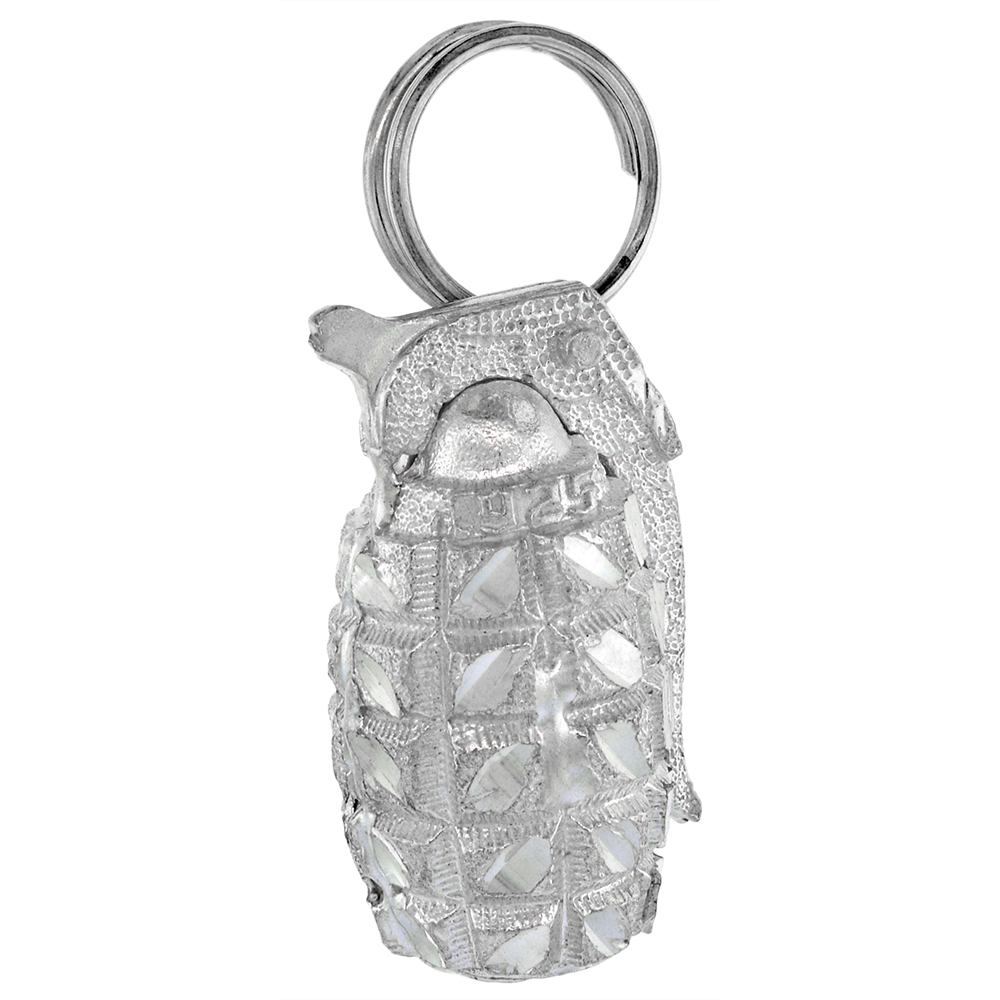 1 1/8 inch Large Sterling Silver Small Hand Grenade Pendant for Men Diamond Cut finish