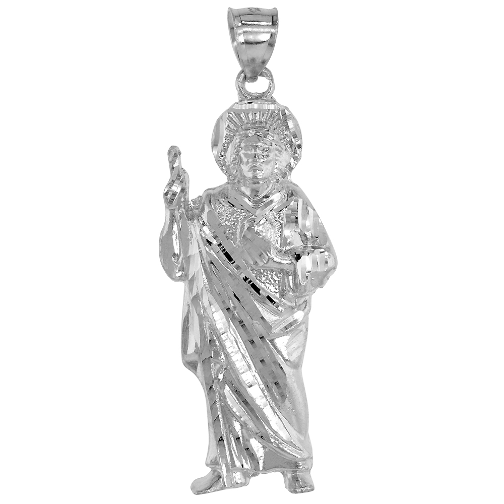 1 7/8 INCH STERLING SILVER ST JUDE THADDEUS PENDANT FOR MEN DIAMOND CUT NO CHAIN INCLUDED