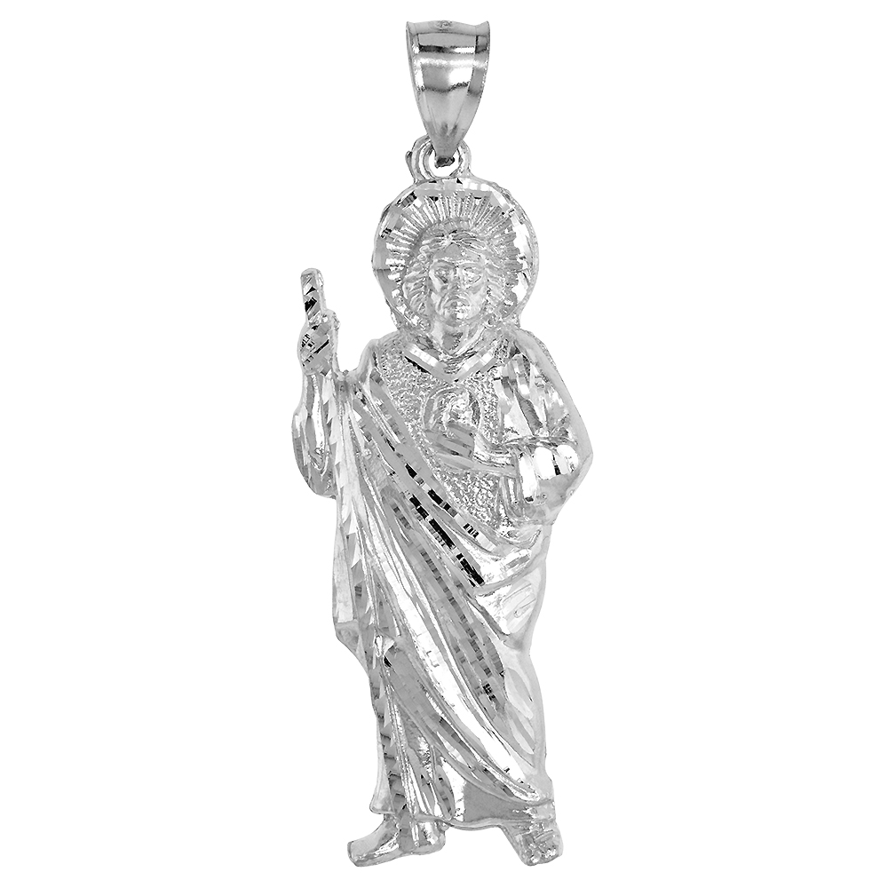 2 1/4 INCH STERLING SILVER ST JUDE THADDEUS PENDANT FOR MEN DIAMOND CUT NO CHAIN INCLUDED