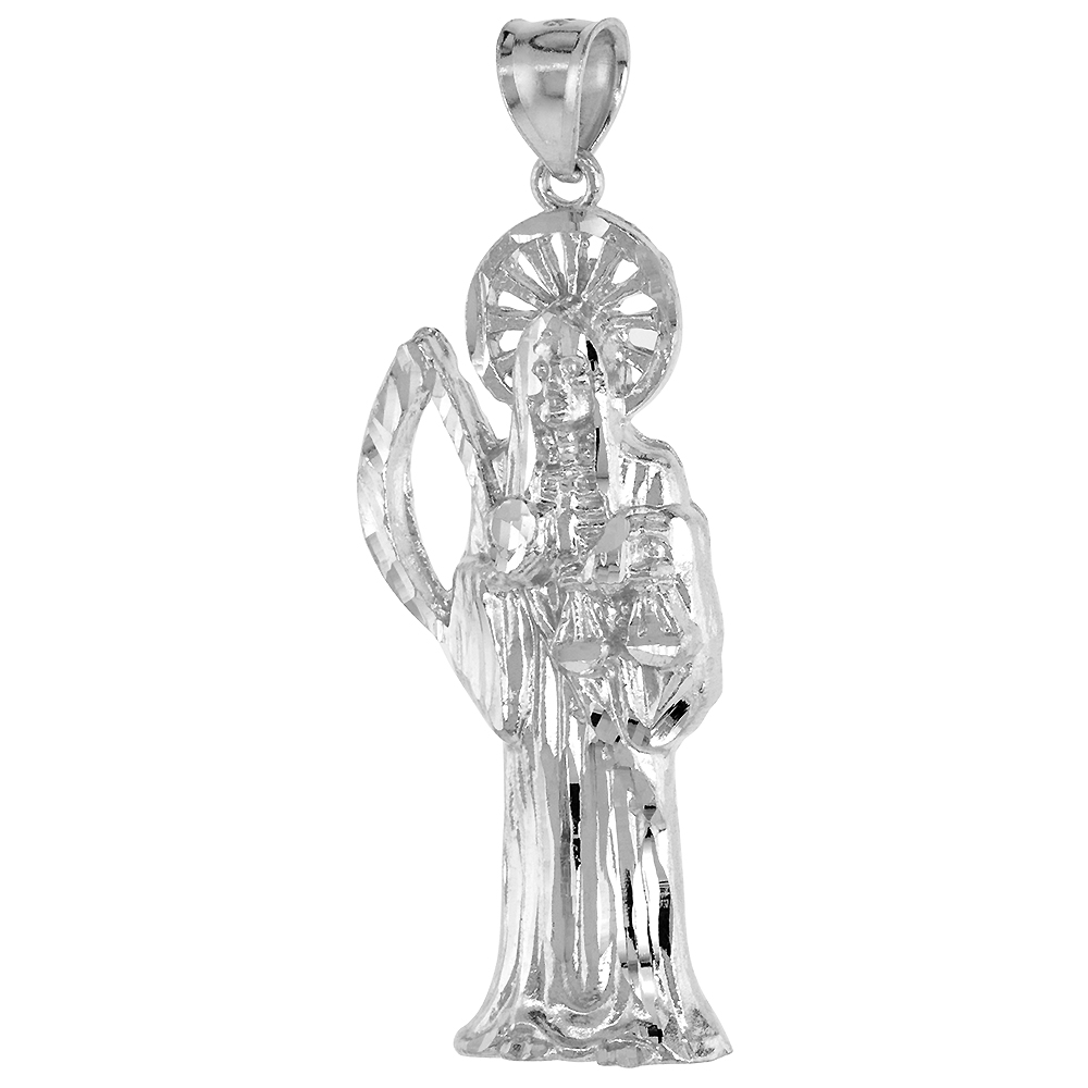 1 3/4 inch Sterling Silver Santa Muerte Pendant for Men Diamond Cut NO Chain Included