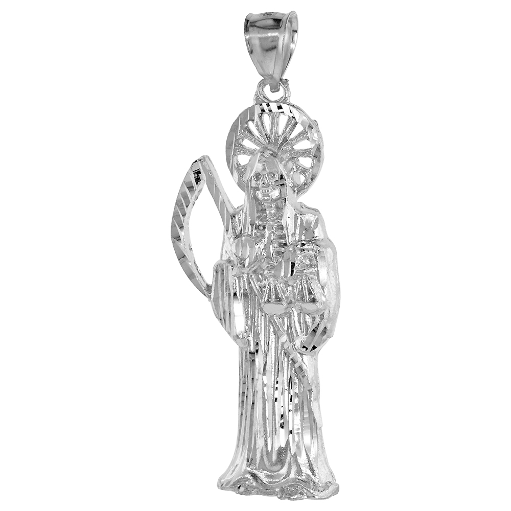 2 3/8 INCH STERLING SILVER SANTA MUERTE PENDANT FOR MEN DIAMOND CUT NO CHAIN INCLUDED