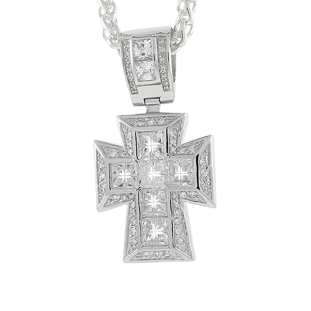 1 3/4 INCH STERLING SILVER CUBIC ZIRCONIA ICED OUT ST JOHNS MALTESE CROSS PENDANT FOR MEN HIP HOP BLING JEWELRY