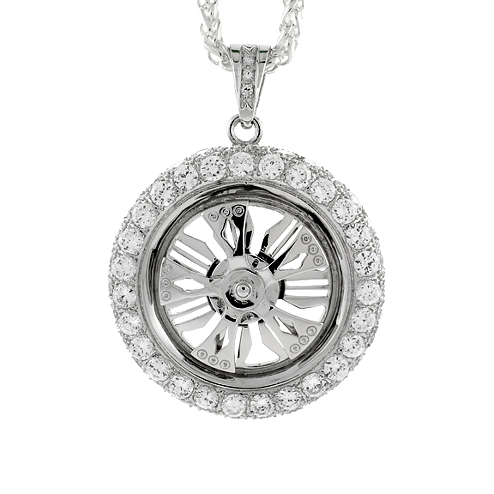 2 INCH STERLING SILVER CZ ICED OUT SPINNER WHEEL PENDANT FOR MEN HIP HOP BLING JEWELRY