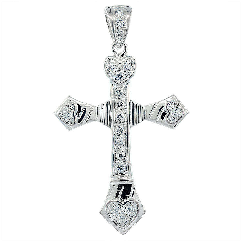 2 1/16 INCH STERLING SILVER CUBIC ZIRCONIA ICED OUT HEART CROSS PENDANT FOR MEN HIP HOP BLING JEWELRY