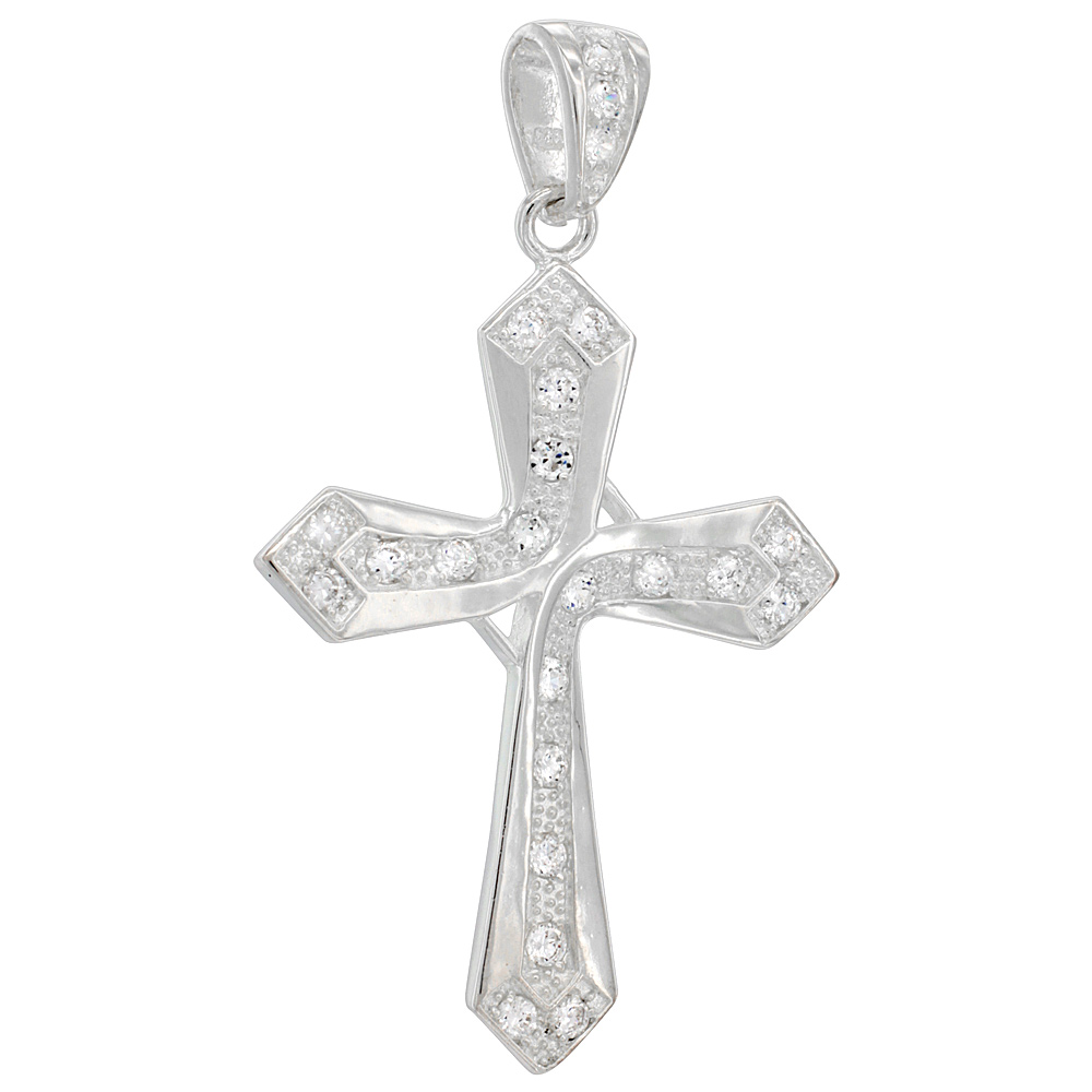 STERLING SILVER CUBIC ZIRCONIA CROSS PENDANT, 2 1/16 INCH LONG