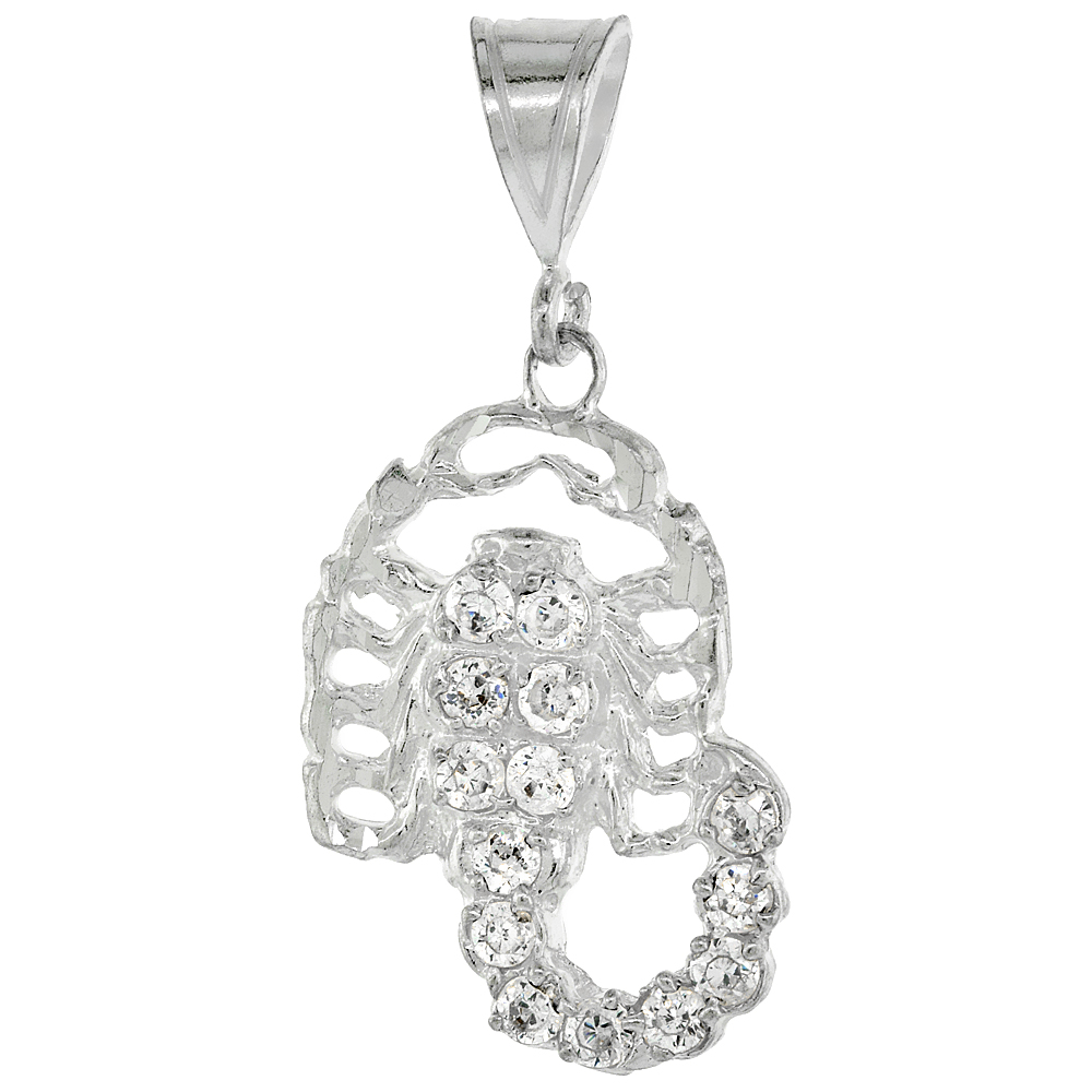 STERLING SILVER CUBIC ZIRCONIA SCORPION PENDANT, 1 1/4 INCH LONG