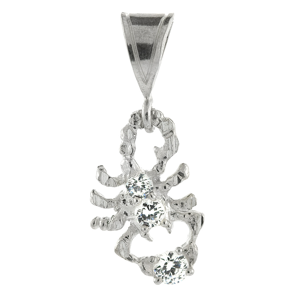 STERLING SILVER SMALL SCORPION PENDANT CUBIC ZIRCONIA ACCENTS, 1 INCH LONG