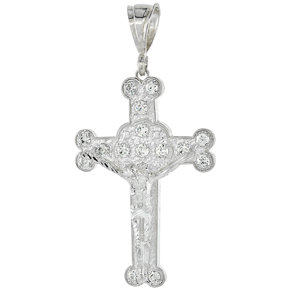 2 5/8 INCH STERLING SILVER CUBIC ZIRCONIA ICED OUT BUDDED CRUCIFIX PENDANT FOR MEN HIP HOP BLING JEWELRY