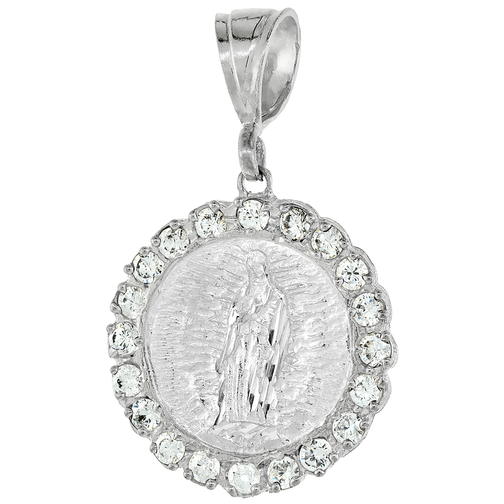 STERLING SILVER CUBIC ZIRCONIA GUADALUPE PENDANT, 1 9/16 INCH WIDE