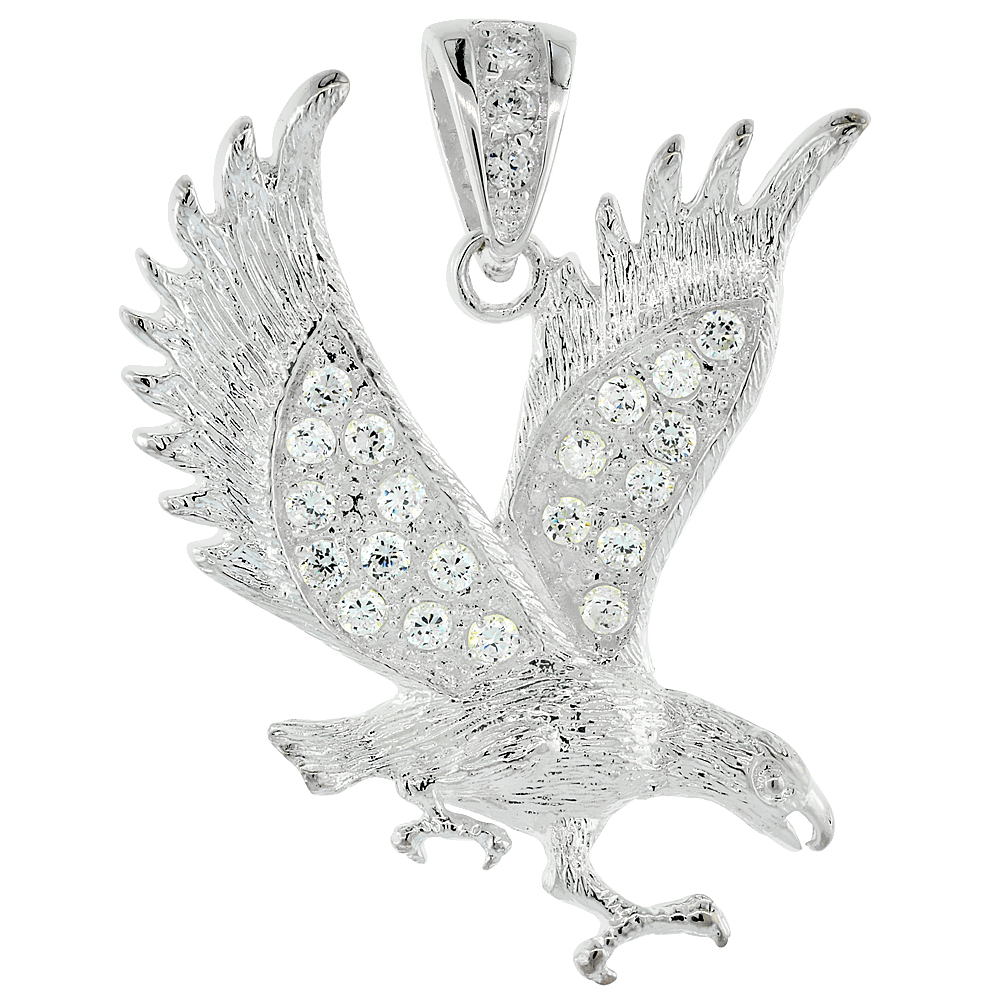 STERLING SILVER CUBIC ZIRCONIA EAGLE PENDANT, 2 INCH LONG