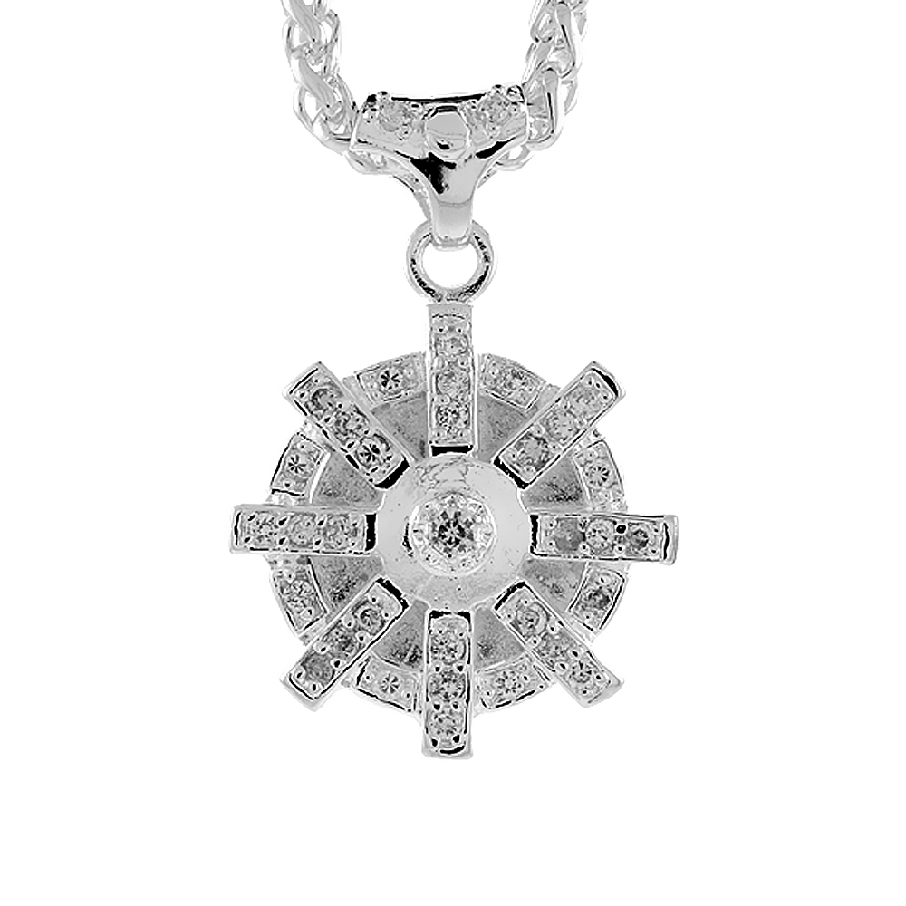 1 1/2 INCH STERLING SILVER CUBIC ZIRCONIA ICED OUT TARANIS WHEEL PENDANT FOR MEN HIP HOP BLING JEWELRY