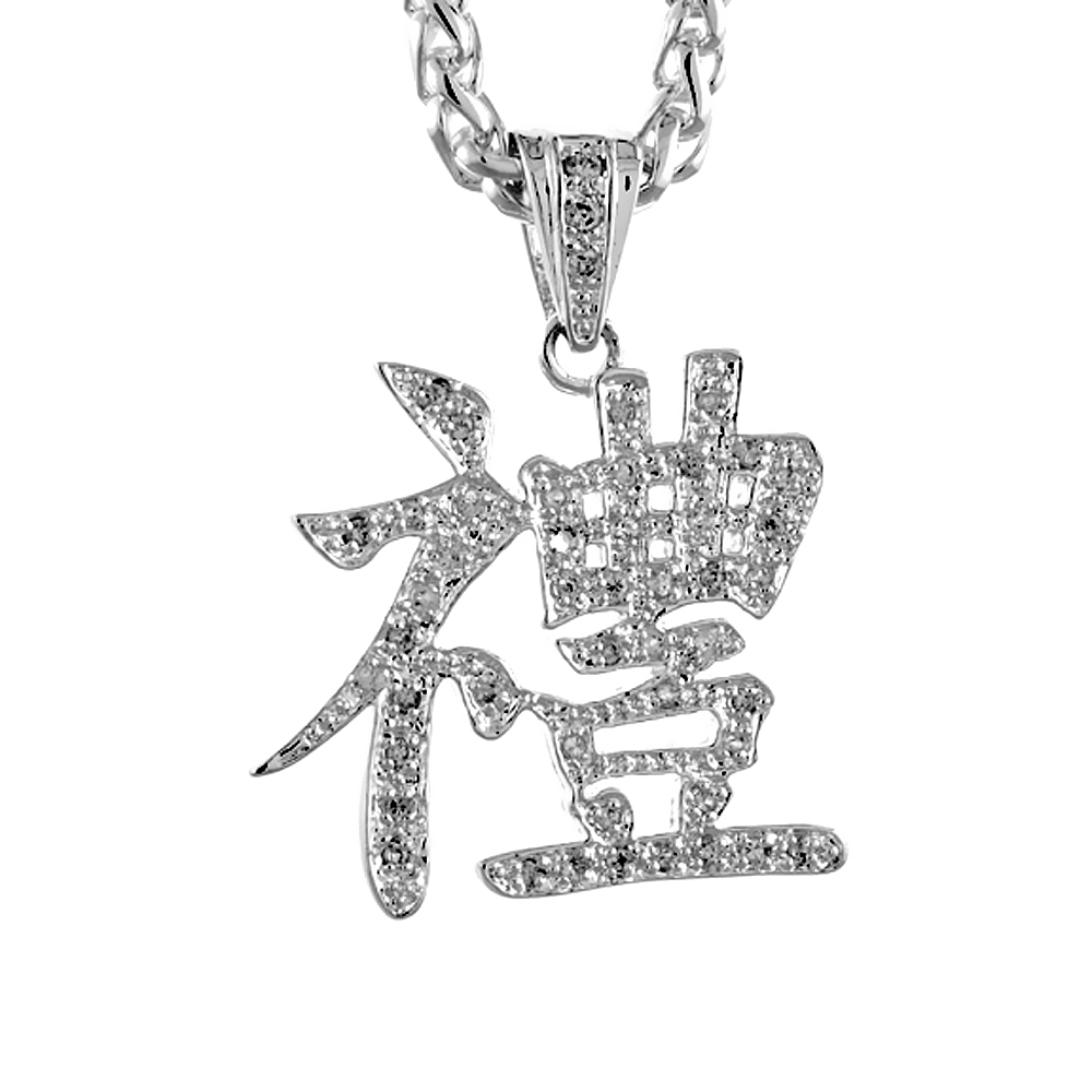 1 3/4 INCH STERLING SILVER CUBIC ZIRCONIA ICED OUT CHINESE CHARACTER SAGE PENDANT FOR MEN HIP HOP BLING JEWELRY