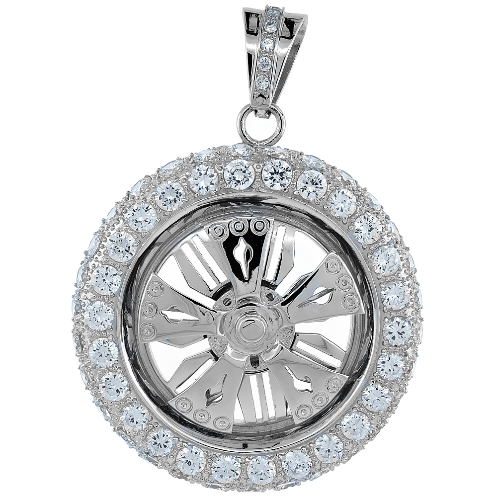 2 3/4 INCH STERLING SILVER CZ ICED OUT SPINNER WHEEL PENDANT FOR MEN HIP HOP BLING JEWELRY
