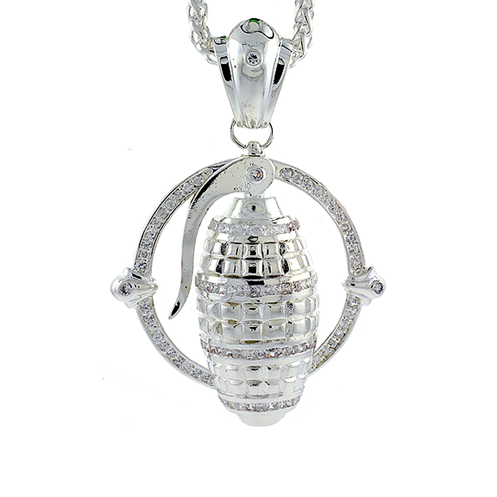 2 5/8 INCH STERLING SILVER CUBIC ZIRCONIA ICED OUT HAND GRENADE PENDANT FOR MEN HIP HOP BLING JEWELRY