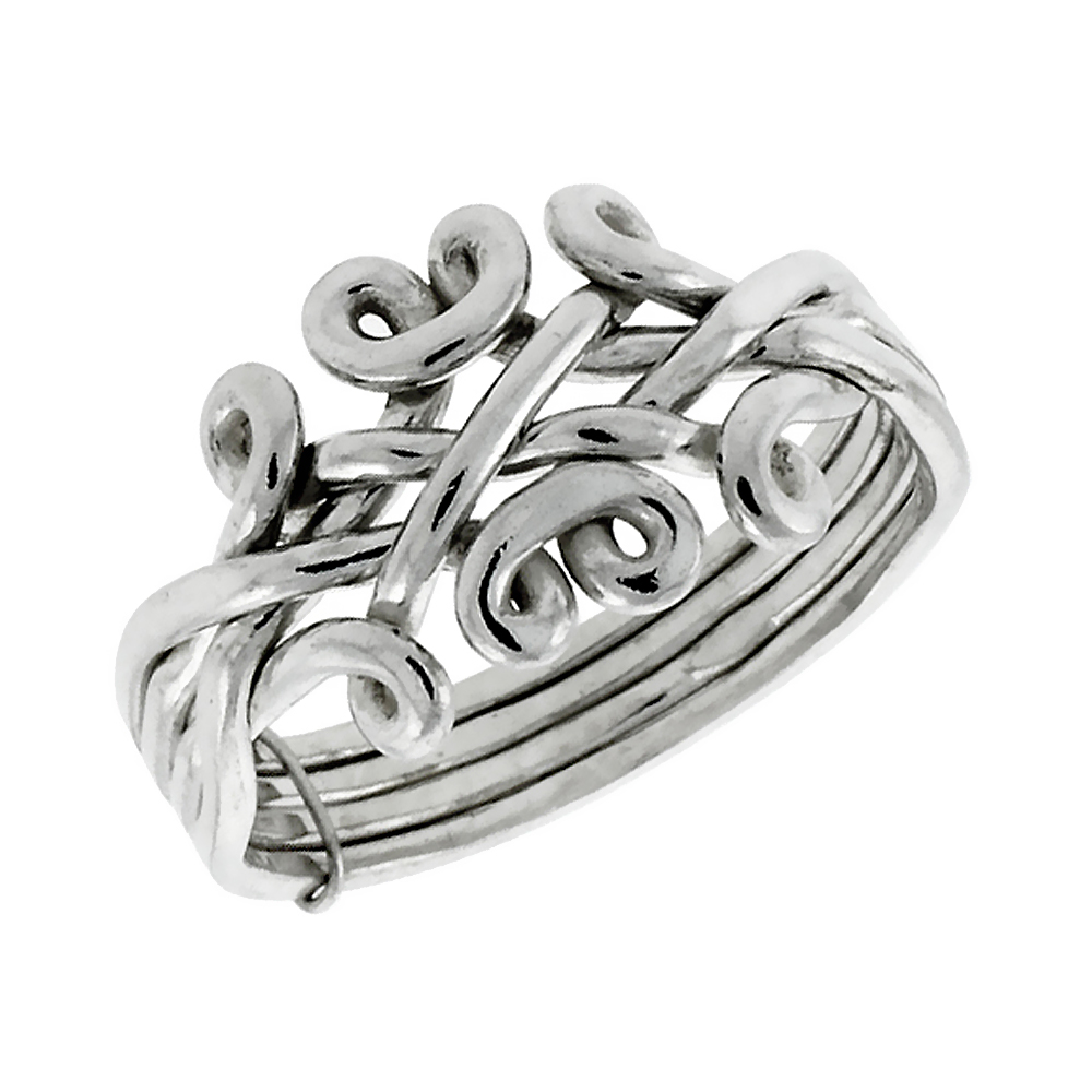 STERLING SILVER 4-PIECE DESIGN PUZZLE RING WIRE WRAPPED FOR MEN AND WOMEN 12.5MM WIDE SIZES 5-13