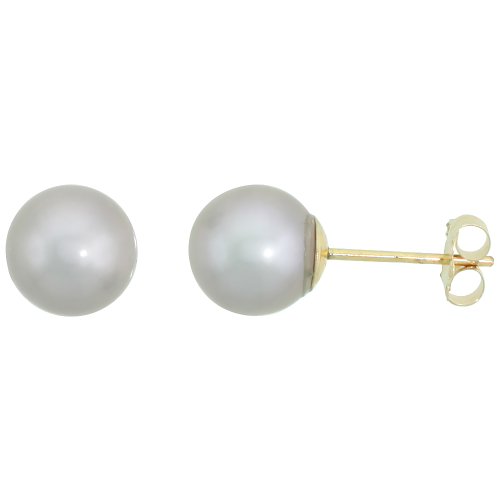 10K YELLOW GOLD GRAY PEARL STUD EARRINGS FOR WOMEN HIGH LUSTER 7.5 MM