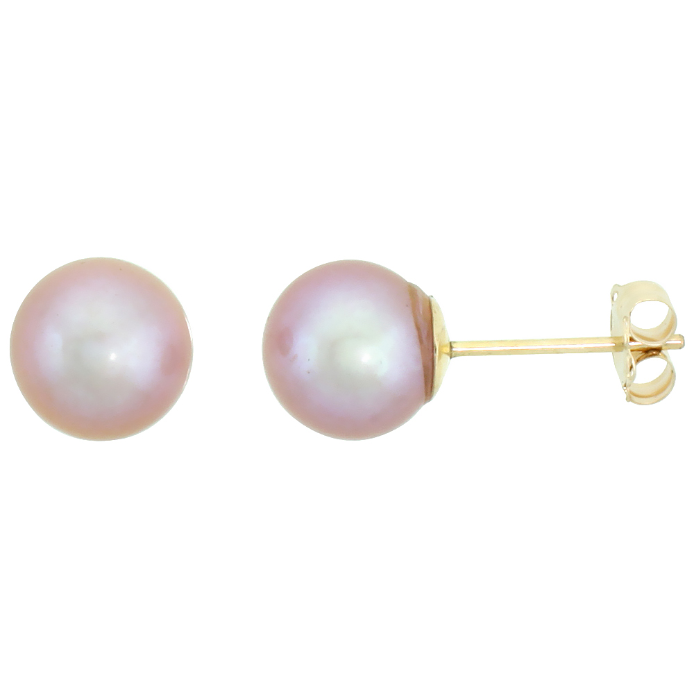 10K YELLOW GOLD PINK PEARL STUD EARRINGS FOR WOMEN HIGH LUSTER 7.5 MM