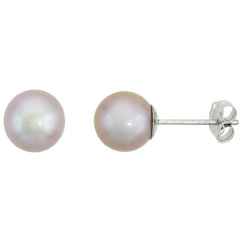 10K WHITE GOLD PINK PEARL STUD EARRINGS FOR WOMEN HIGH LUSTER 7.5 MM