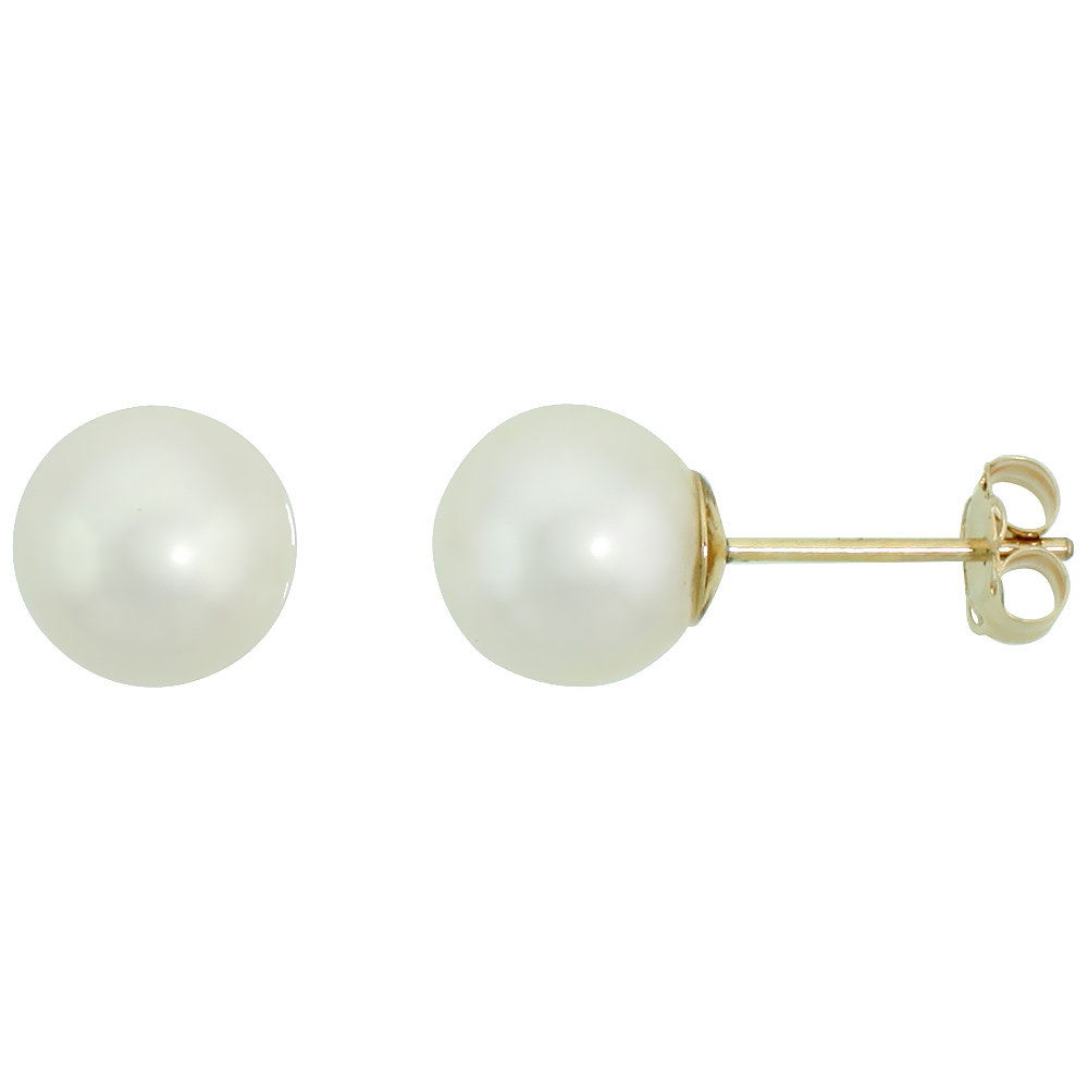 10K YELLOW GOLD WHITE PEARL STUD EARRINGS FOR WOMEN HIGH LUSTER 7.5 MM