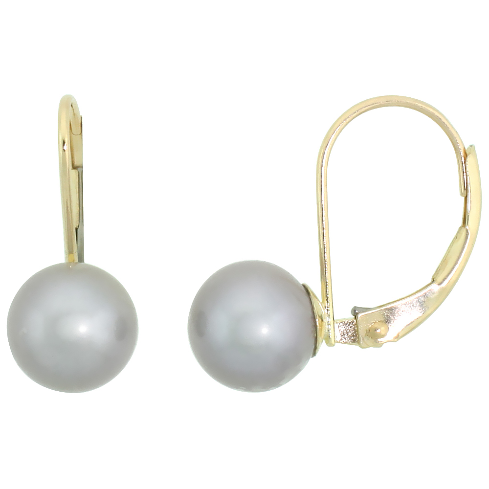 10K YELLOW GOLD PEARL LEVERBACK EARRINGS FOR WOMEN 7.5 MM HIGH LUSTER GRAY