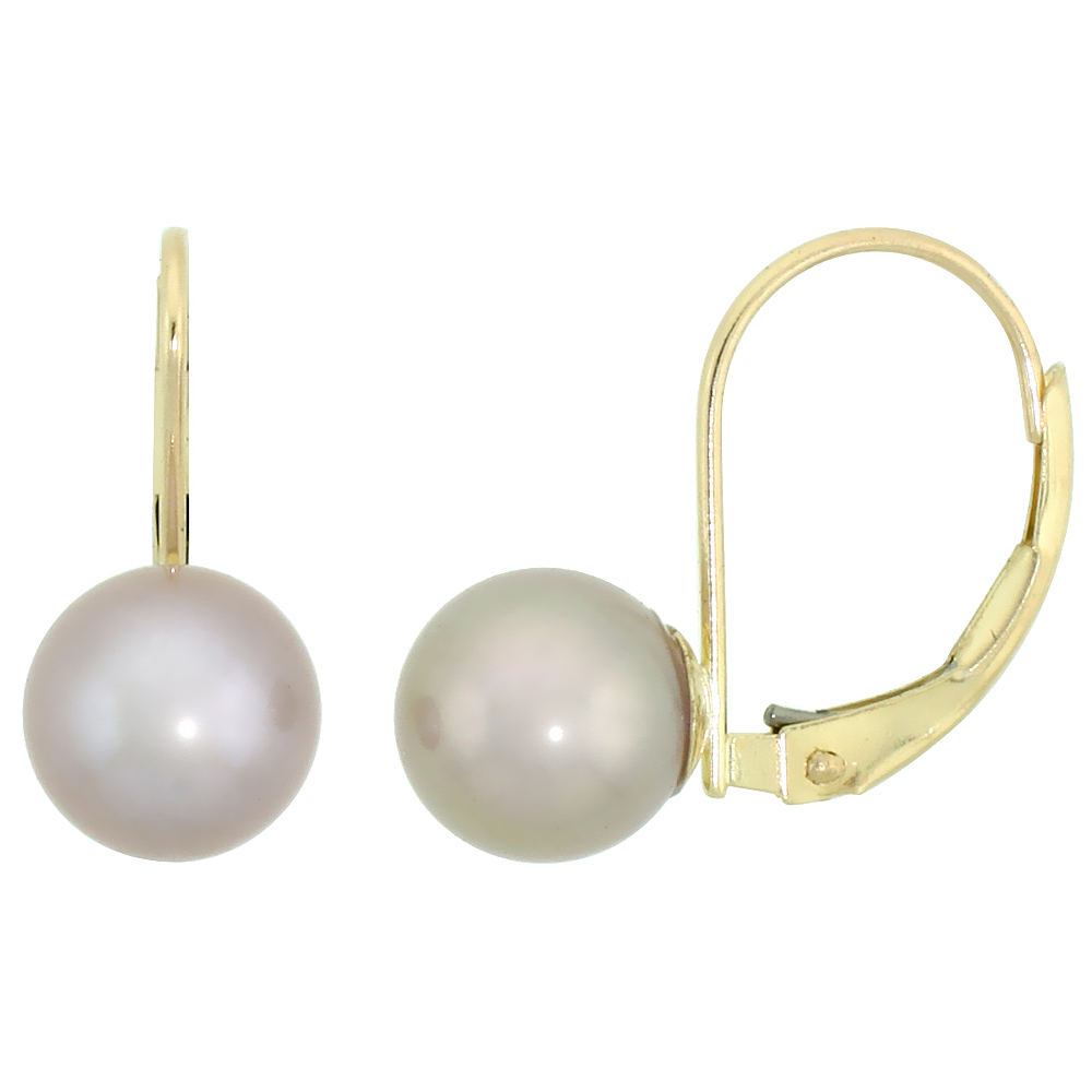 10K YELLOW GOLD PEARL LEVERBACK EARRINGS FOR WOMEN 7.5 MM HIGH LUSTER PINK