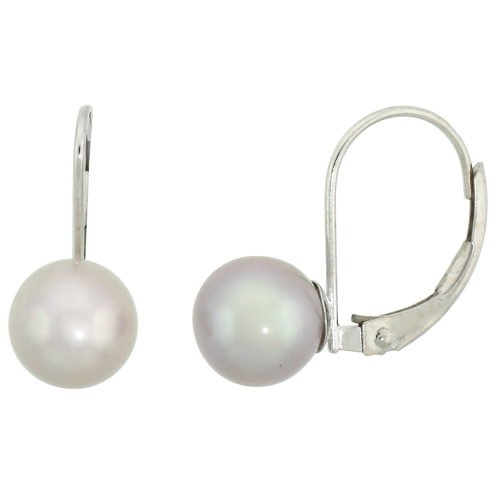 10K WHITE GOLD PEARL LEVERBACK EARRINGS FOR WOMEN 7.5 MM HIGH LUSTER PINK