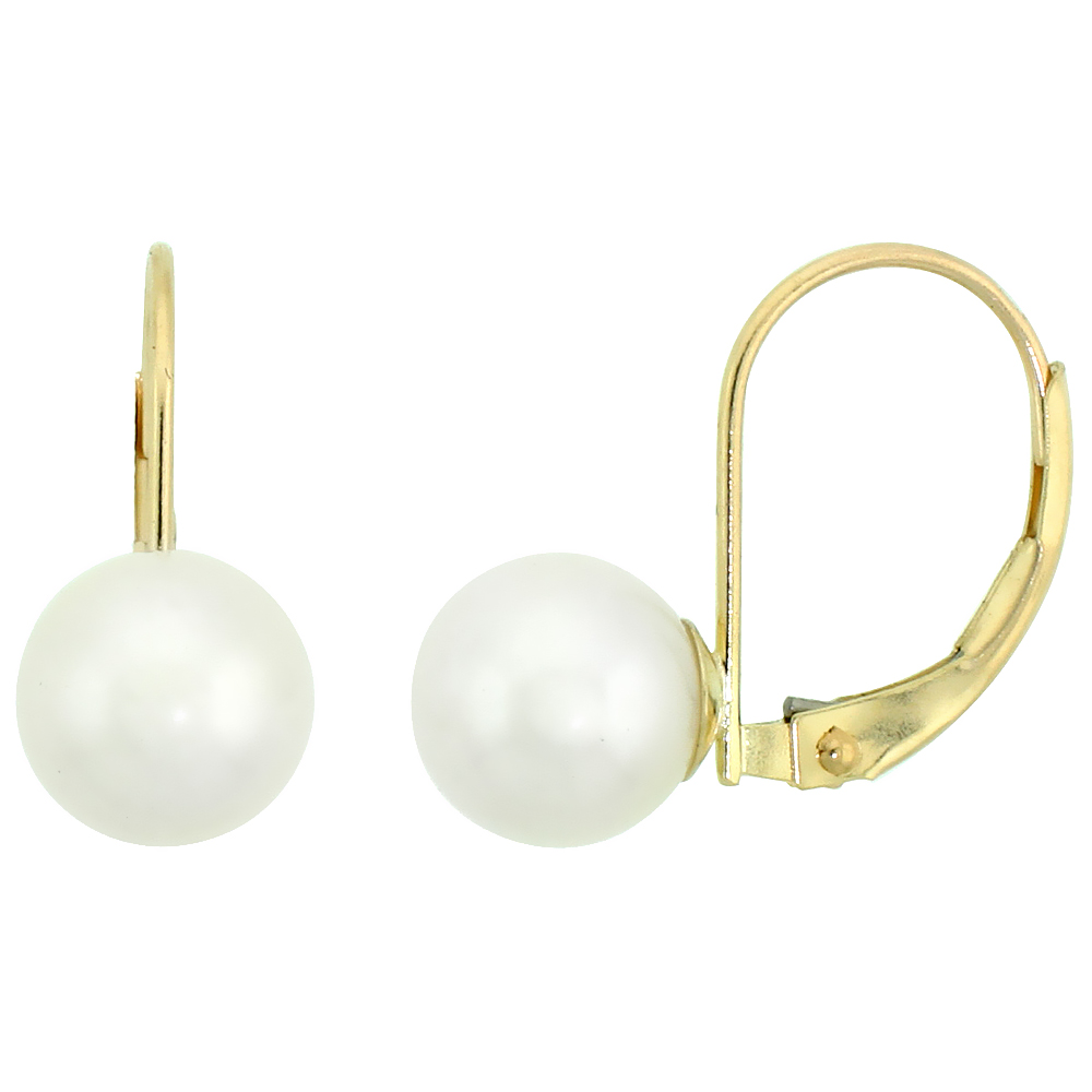 10K YELLOW GOLD PEARL LEVERBACK EARRINGS FOR WOMEN 7.5 MM HIGH LUSTER WHITE