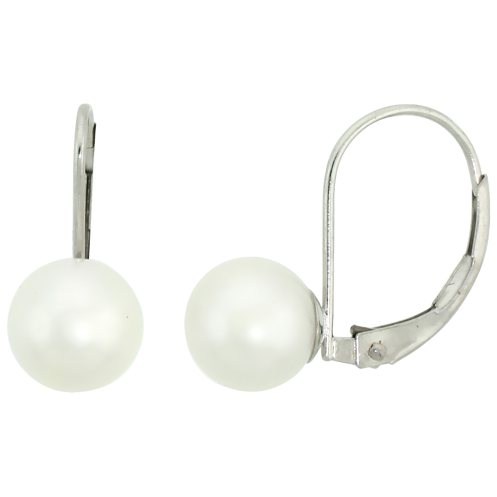 10K WHITE GOLD PEARL LEVERBACK EARRINGS FOR WOMEN 7.5 MM HIGH LUSTER WHITE