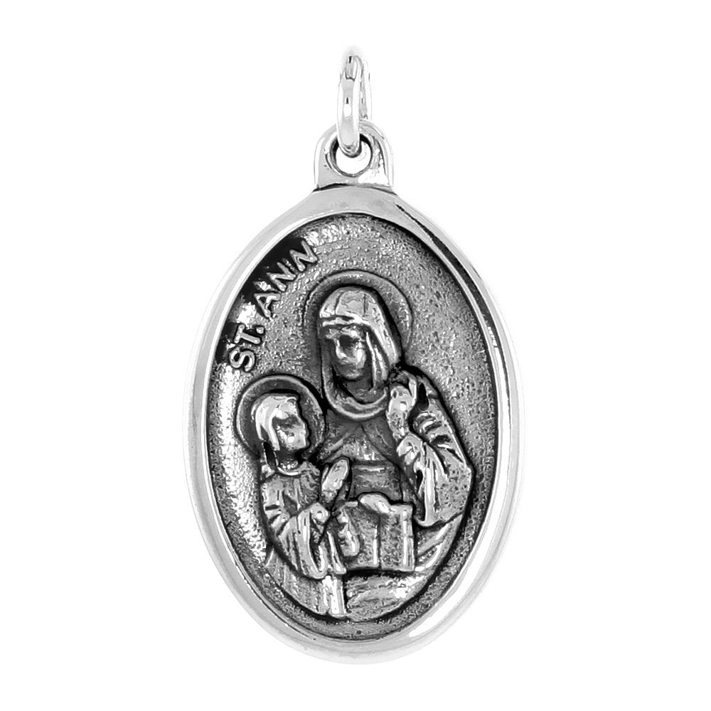 7/8 INCH STERLING SILVER ST ANN MEDAL PENDANT OXIDIZED FINISH OVAL