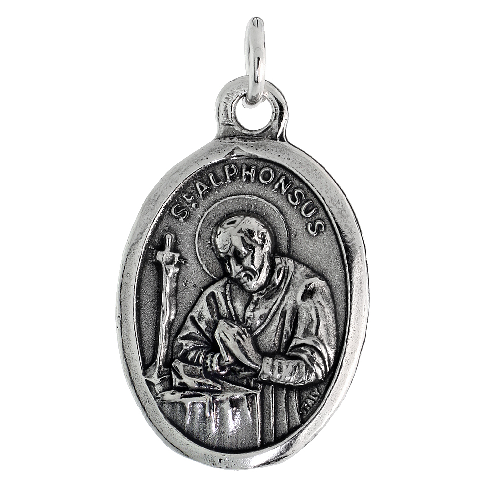 STERLING SILVER ST ALPHONSUS MEDAL NECKLACE OXIDIZED FINISH OVAL 1.8MM CHAIN