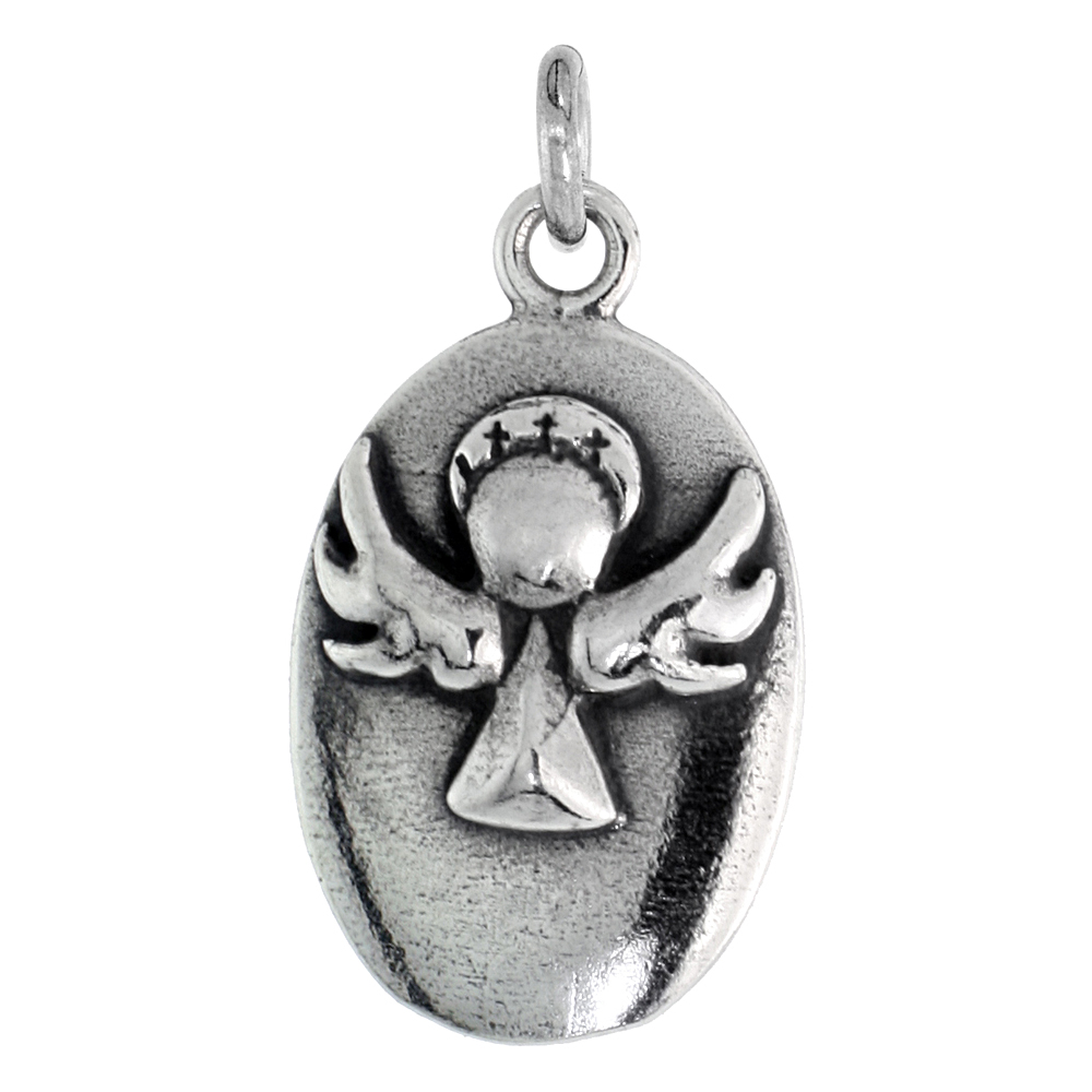 STERLING SILVER GUARDIAN ANGEL MEDAL NECKLACE OXIDIZED FINISH 1.8MM CHAIN