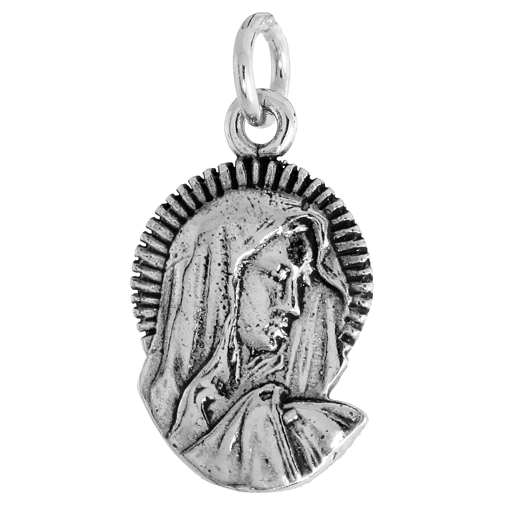 STERLING SILVER BLESSED VIRGIN MARY MEDAL NECKLACE OXIDIZED FINISH OVAL 1.8MM CHAIN