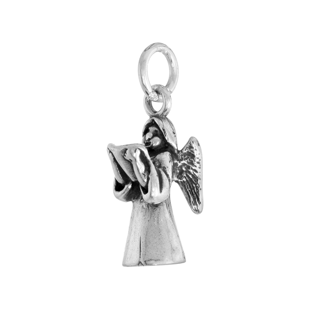 Sterling Silver Guardian Angel Medal Pendant Oxidized finish Oval 11/16 inch
