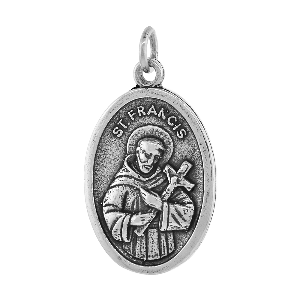 STERLING SILVER ST FRANCIS MEDAL NECKLACE OXIDIZED FINISH OVAL 1.8MM CHAIN