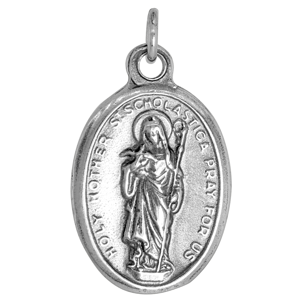 STERLING SILVER ST SCHOLASTICA MEDAL NECKLACE DOUBLE SIDED SACRED HEART BACK OXIDIZED FINISH OVAL 1.8MM CHAIN