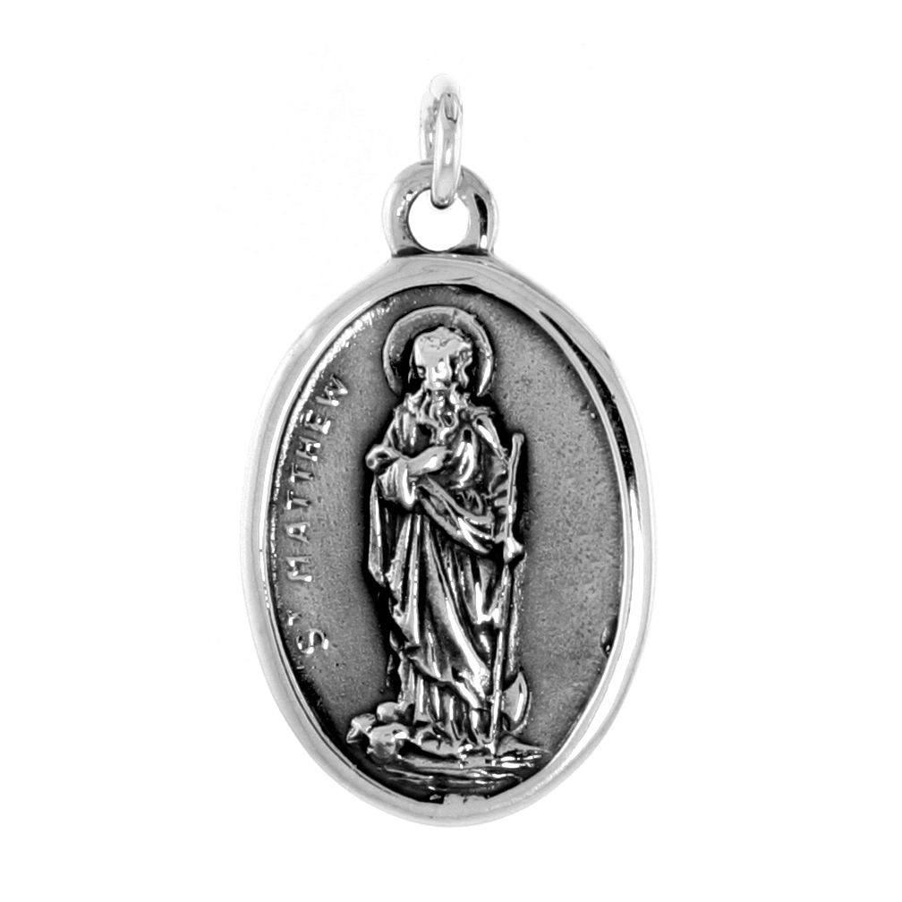 STERLING SILVER ST MATTHEW MEDAL NECKLACE OXIDIZED FINISH OVAL 1.8MM CHAIN