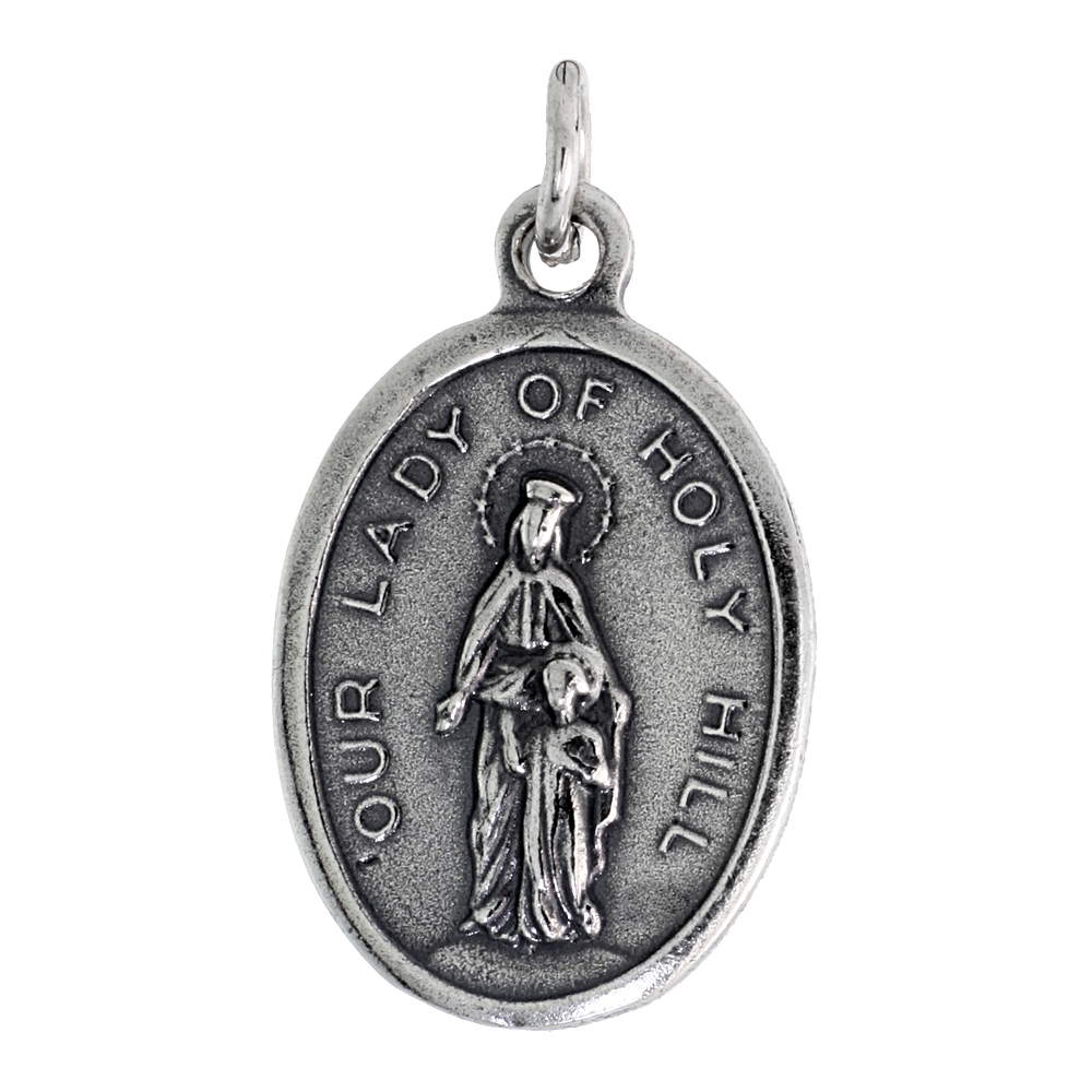 STERLING SILVER OUR LADY OF HOLY HILL MEDAL NECKLACE OXIDIZED FINISH OVAL 1.8MM CHAIN